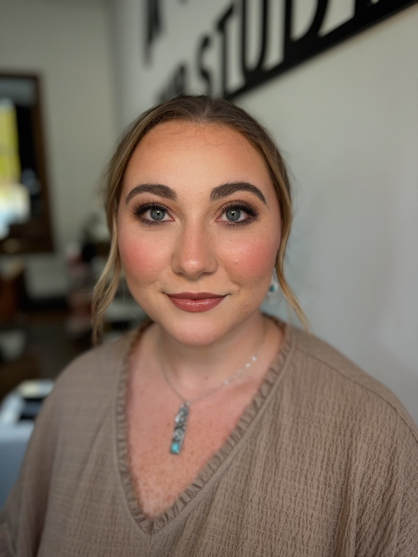 Rosy glam with bronze eye, flushed cheeks and mauve lip