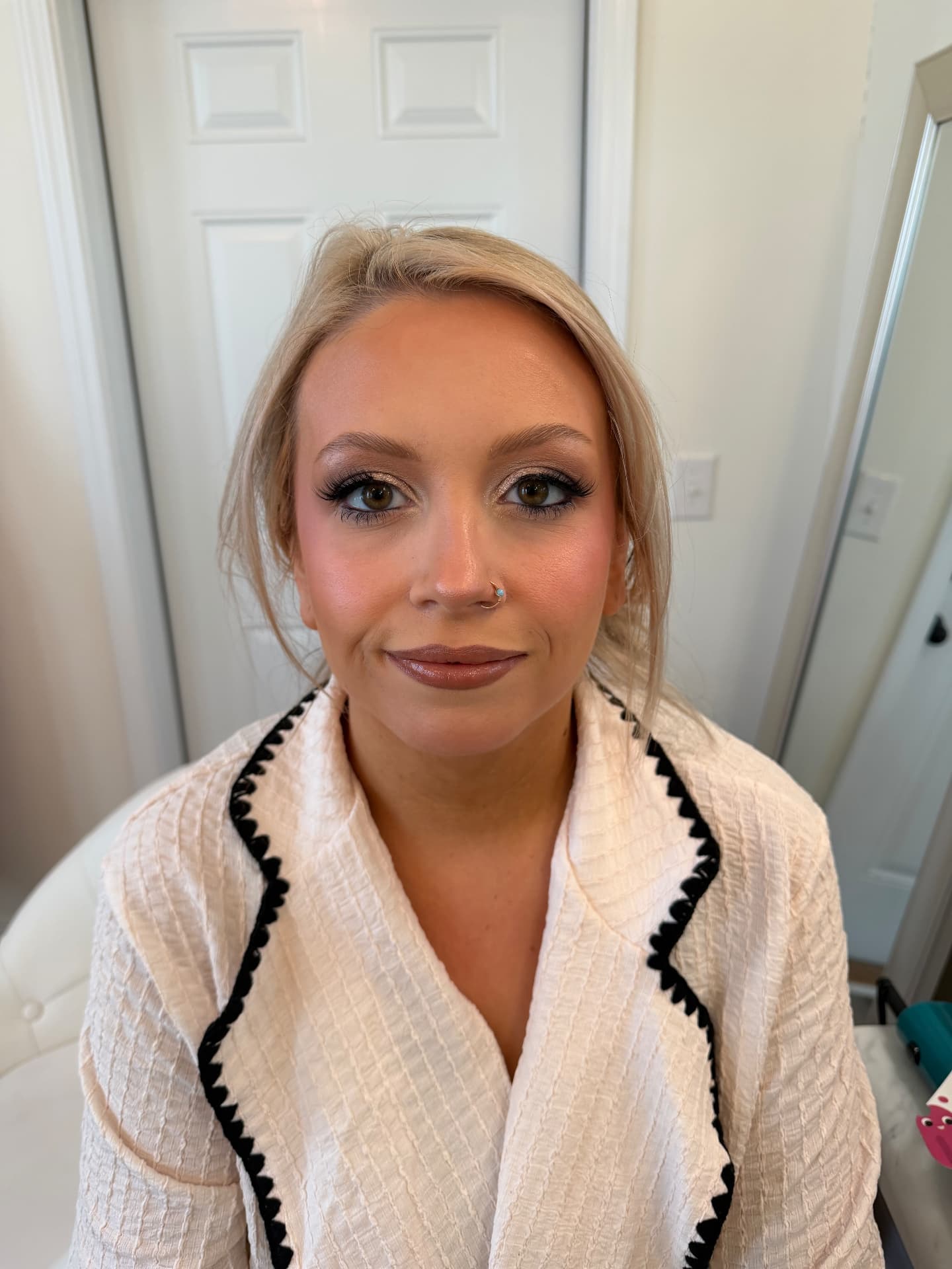 Champagne shimmer eye with glossy nude lip
